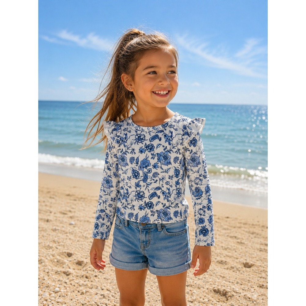 Janie and Jack Girls Blue White Floral Toile Ruffle Rash Guard Swim Top Size 6